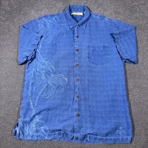 Tommy Bahama Button Up Shirt Mens M Blue Silk Palm Tree Embroidered Hawaiian